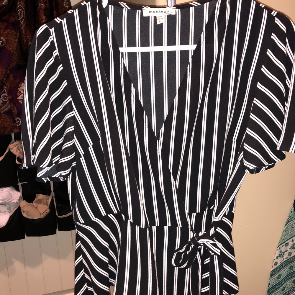 Black and White Striped Wrap Around Blouse